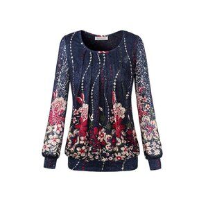 BaiShengGT Floral Lace Overlay Tunic Top in Navy/Multi, Size XL, Feminine Boho